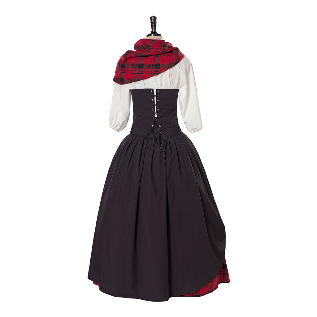 Victorian Style Black Gown with Red Accents and Plaid Skirt Including Matching Scarf for Historical Reenactments Halloween Christmas