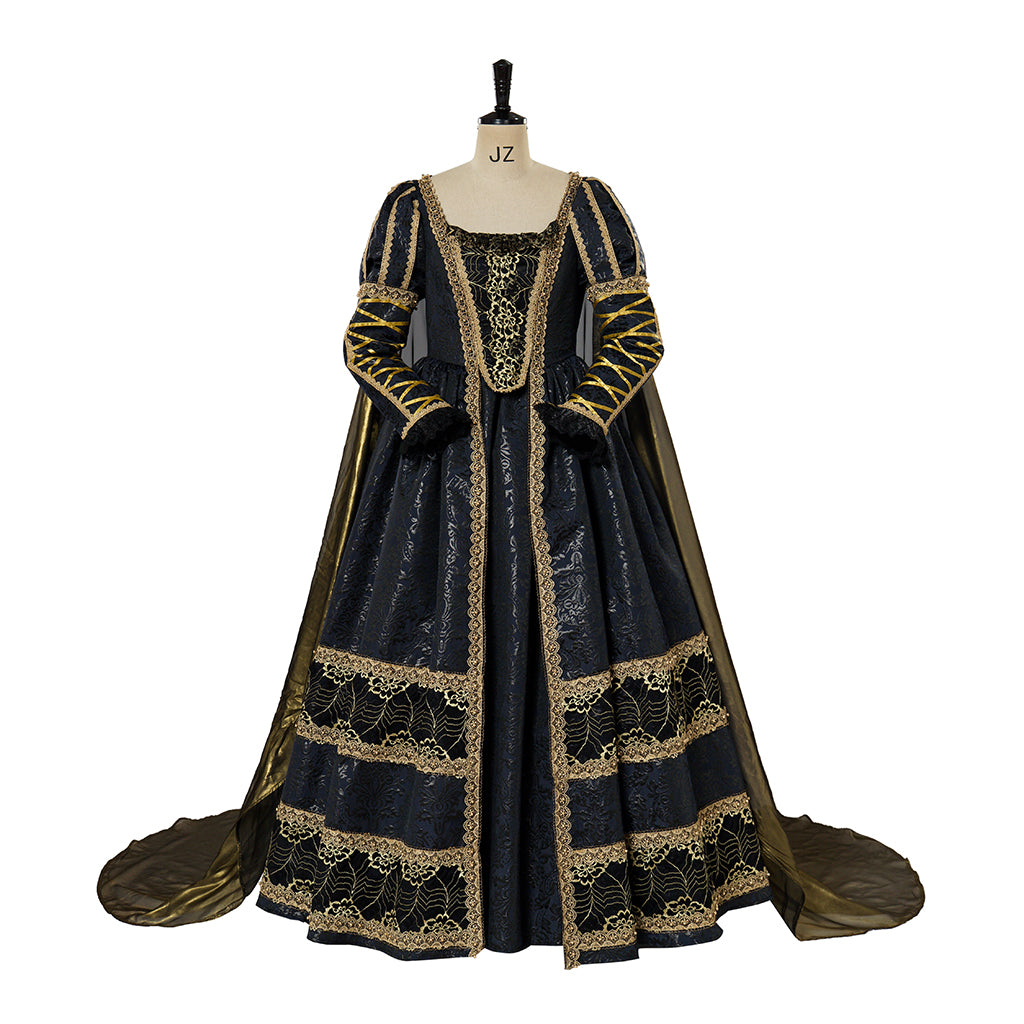 Baroque Style Black Gown with Intricate Gold Embroidery for Historical Reenactments Royal Court Themed Gatherings Halloween Christmas