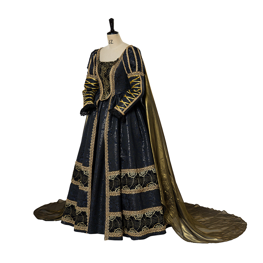 Baroque Style Black Gown with Intricate Gold Embroidery for Historical Reenactments Royal Court Themed Gatherings Halloween Christmas