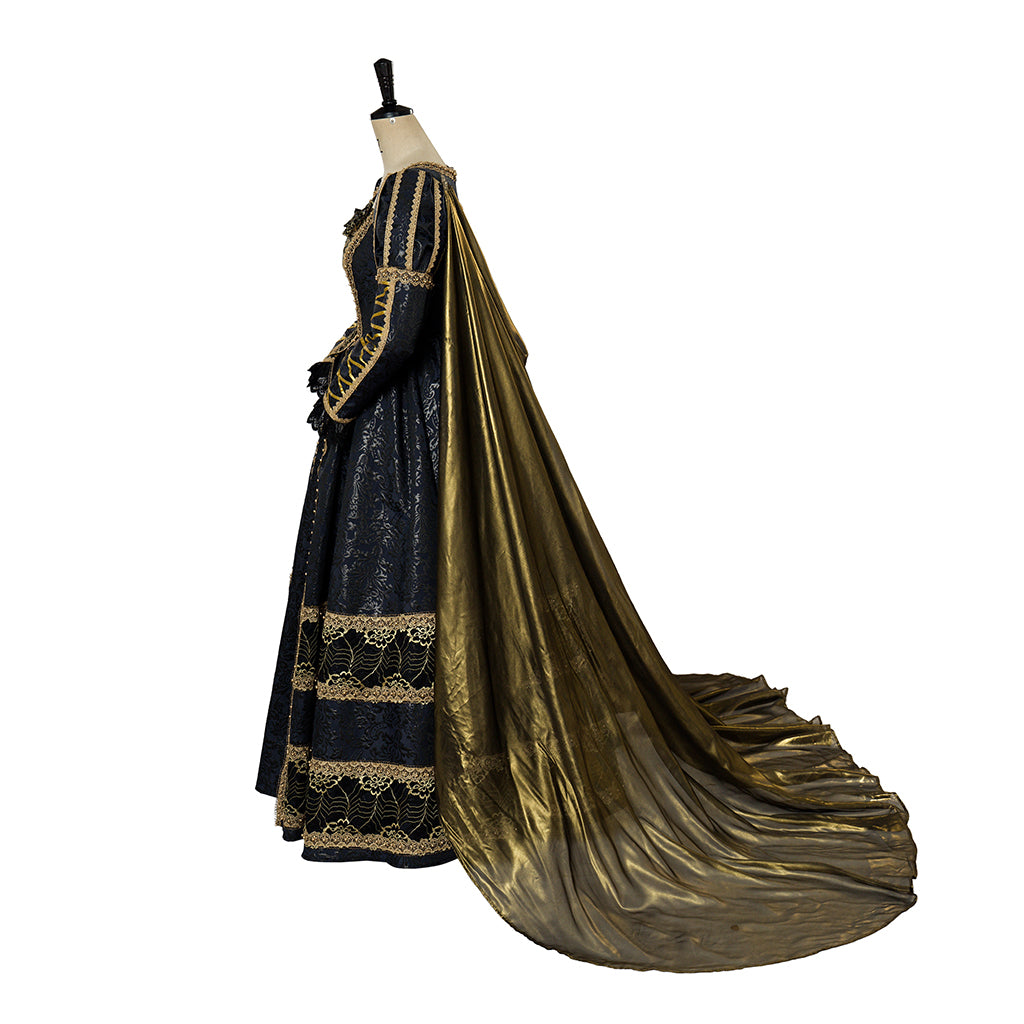 Baroque Style Black Gown with Intricate Gold Embroidery for Historical Reenactments Royal Court Themed Gatherings Halloween Christmas