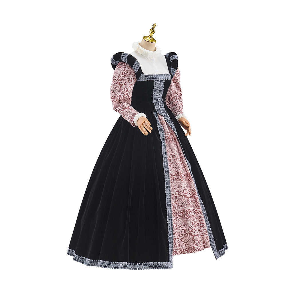 Victorian Black Robe with Pink Patterned Inner Dress for Historical Reenactments Medieval Themed Events Halloween and Christmas