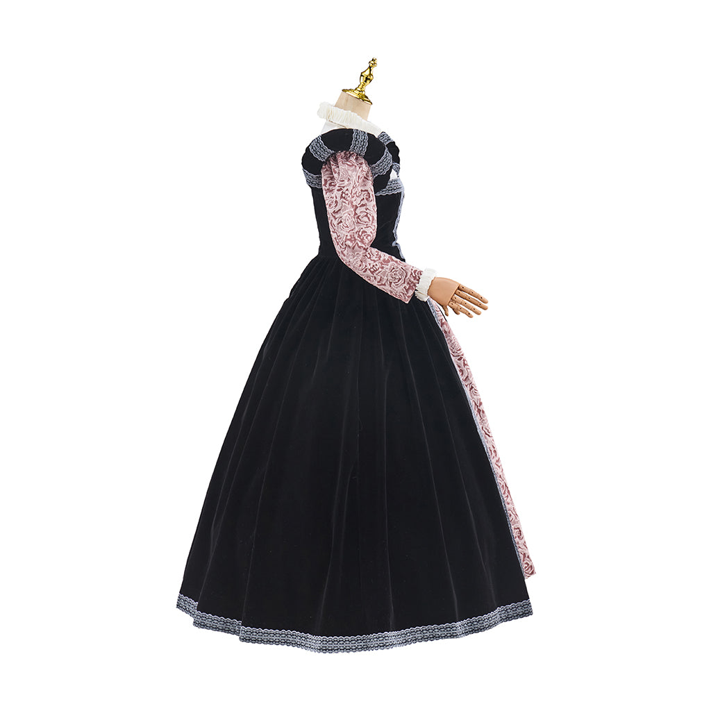 Victorian Black Robe with Pink Patterned Inner Dress for Historical Reenactments Medieval Themed Events Halloween and Christmas