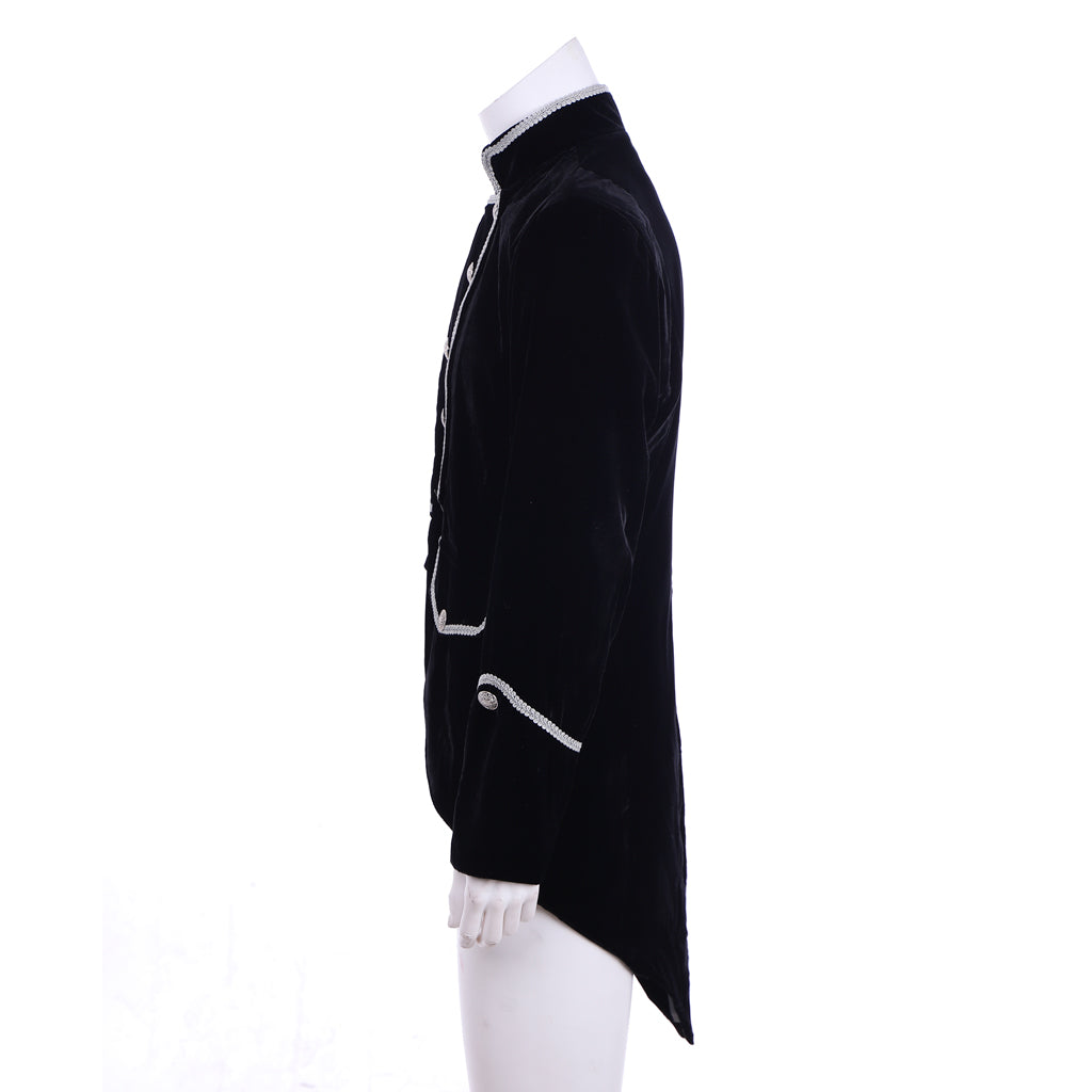 Medieval Military Officer Men's Black Coat with Silver Trim Ornate Silver Detailing and Buttons Costume for Historical Reenactments Cosplay Events or Halloween Christmas or Parties
