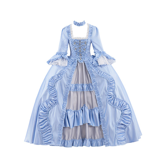 Rococo Style Light Blue Tulle Ball Gown with Layered Skirt and Puff Sleeves for Historical Reenactments Theatrical Performances Halloween Christmas