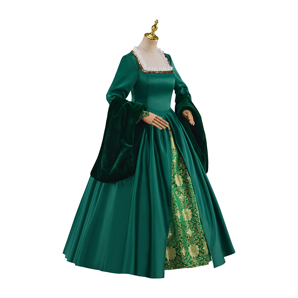 Medieval Style Emerald Green Satin Gown with Gold Embroidered Skirt Square Neckline for Historical Reenactments Halloween Christmas