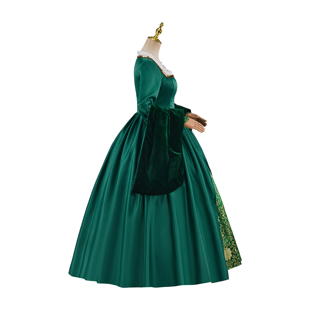 Medieval Style Emerald Green Satin Gown with Gold Embroidered Skirt Square Neckline for Historical Reenactments Halloween Christmas