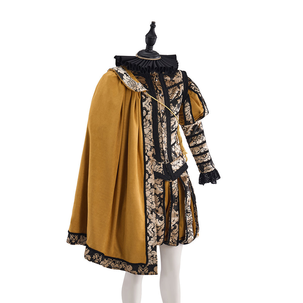 Medieval Patterned coat with Shorts Yellow Cape and Matching Hat for Historical Reenactments Halloween and Christmas Celebrations