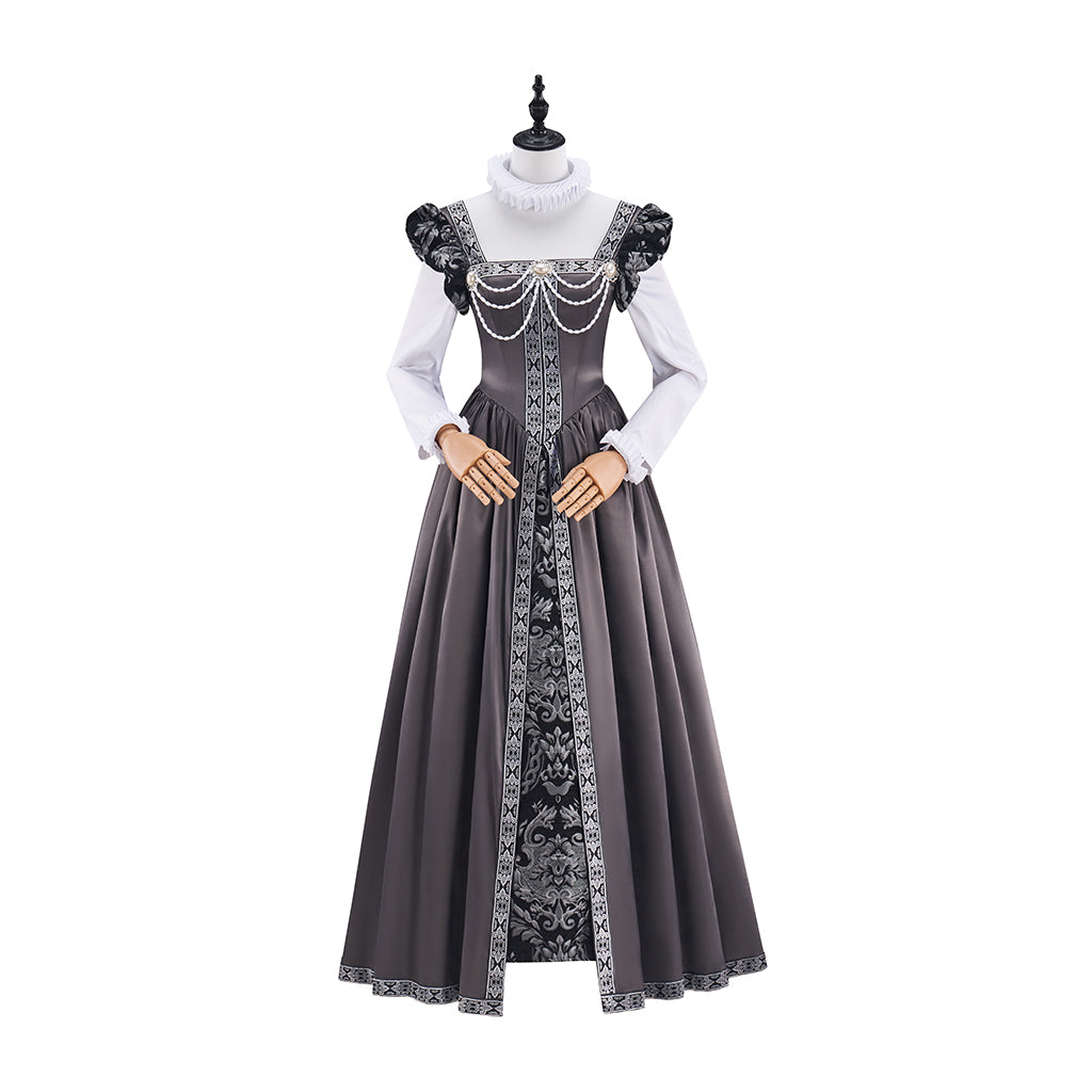 Medieval Court Style Grey Satin Gown with White Contrast Trim for Historical Reenactments Theatrical Performances Halloween Christmas