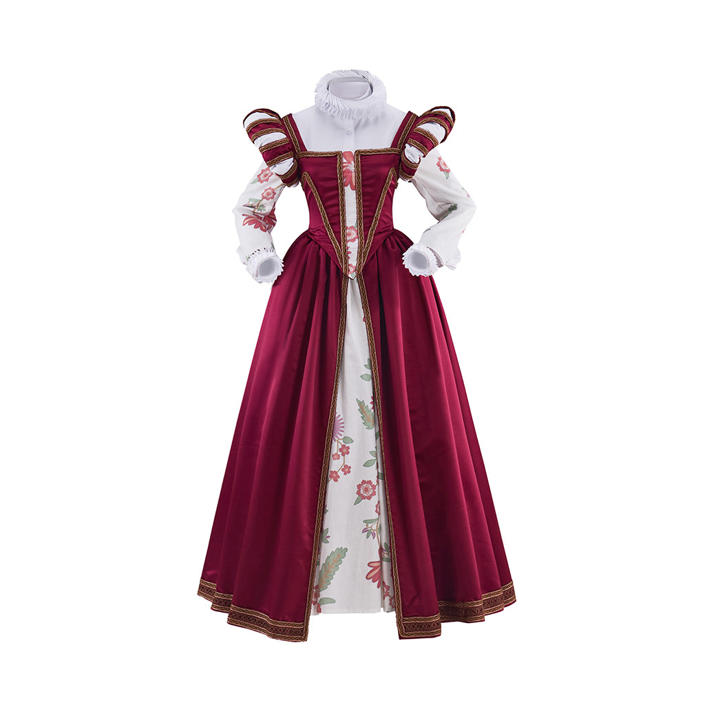Tudor Burgundy Satin Gown with Lace Trimmed Neckline Lace Cuffed Sleeves for Victorian Themed Events Halloween and Christmas