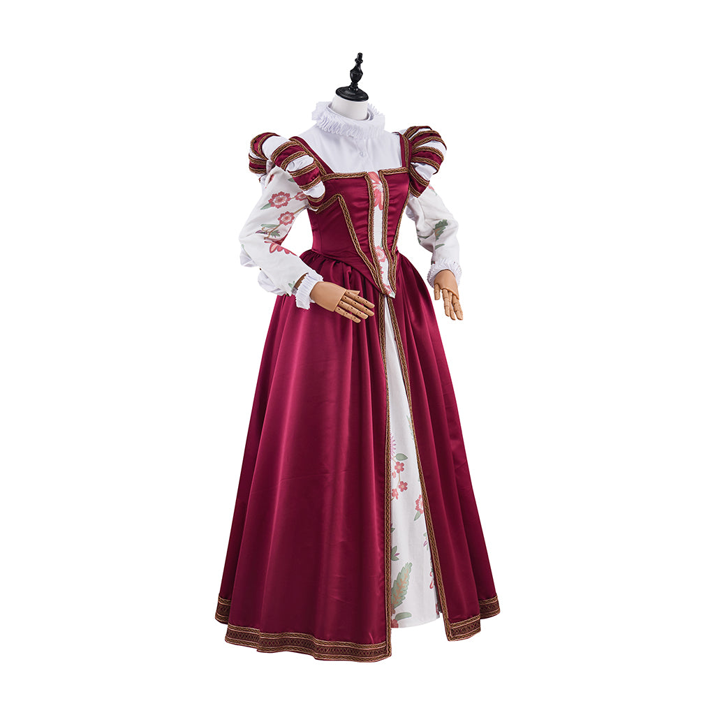 Tudor Burgundy Satin Gown with Lace Trimmed Neckline Lace Cuffed Sleeves for Victorian Themed Events Halloween and Christmas