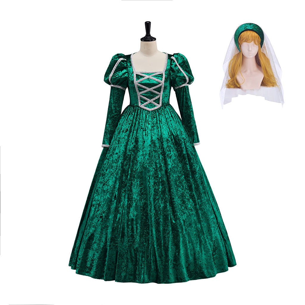 Medieval Green Long Sleeved Gown with White Headpiece for Historical Reenactments Halloween and Christmas Celebrations