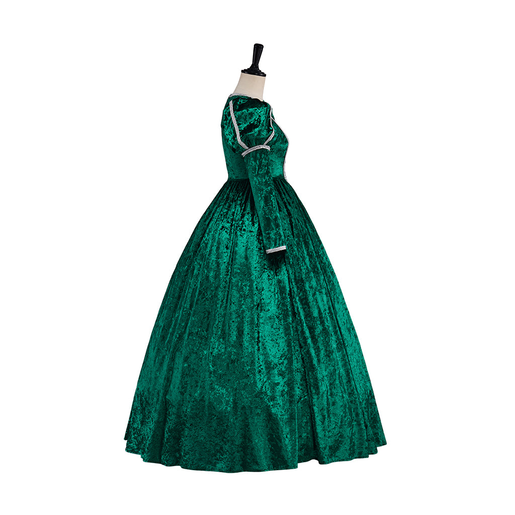 Medieval Green Long Sleeved Gown with White Headpiece for Historical Reenactments Halloween and Christmas Celebrations