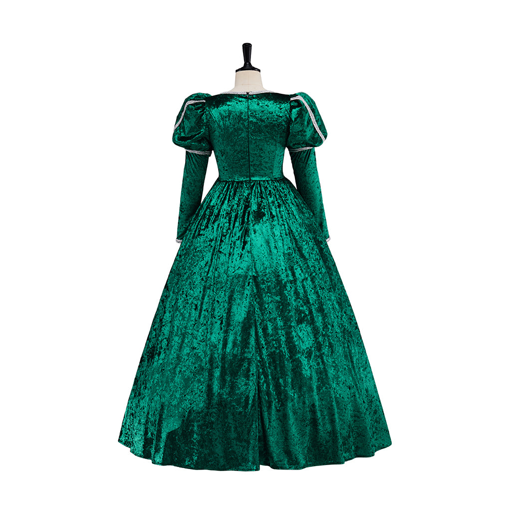 Medieval Green Long Sleeved Gown with White Headpiece for Historical Reenactments Halloween and Christmas Celebrations