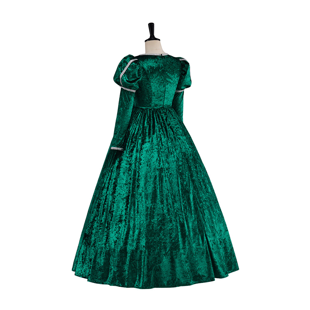 Medieval Green Long Sleeved Gown with White Headpiece for Historical Reenactments Halloween and Christmas Celebrations