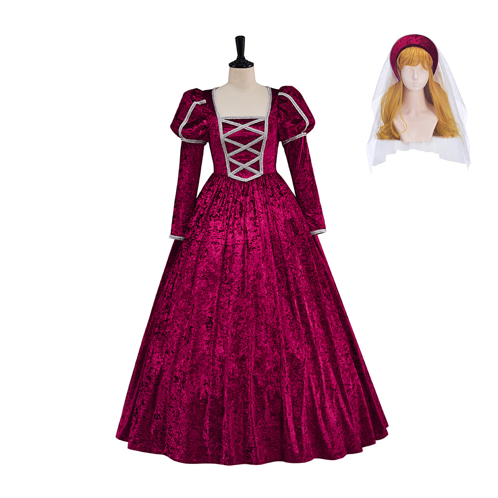 Medieval Green Long Sleeved Gown with White Headpiece for Historical Reenactments Halloween and Christmas Celebrations