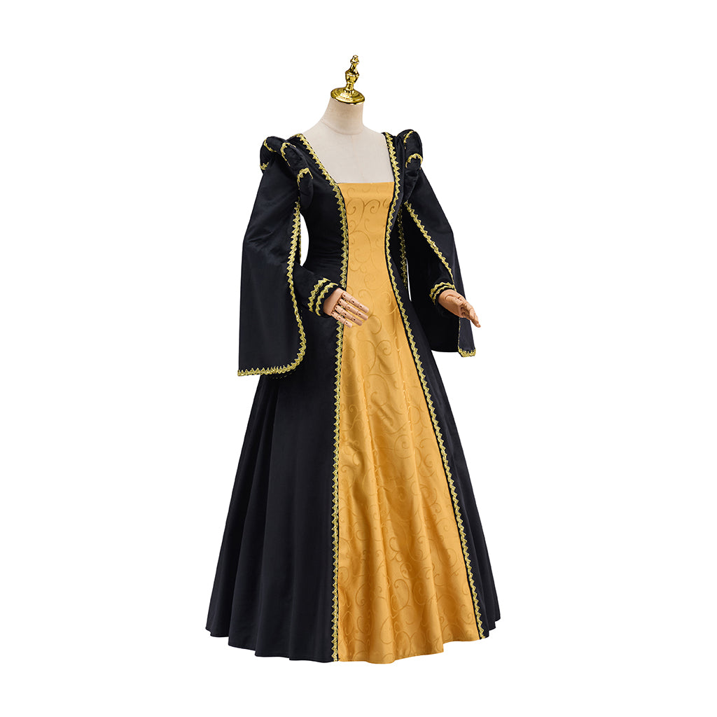 Medieval Yellow and Black Long Sleeved Gown with Black Trim for Historical Reenactments Halloween and Christmas Celebrations