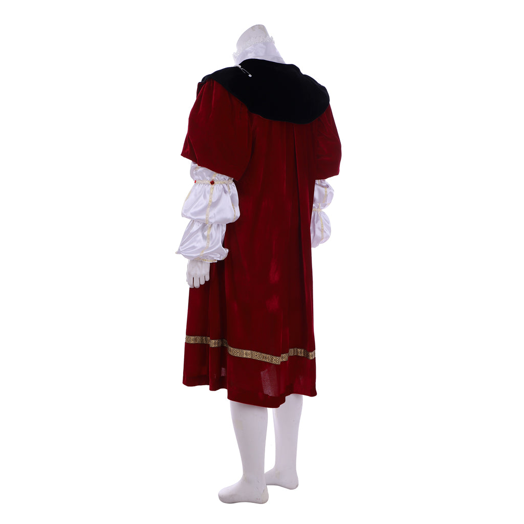 Tudor Noble Court Costume Crimson Velvet Robe with Black Panels Gold Trim Jeweled Accents Ruffled Sleeves and Black Feathered Hat for Historical Reenactments Halloween Christmas or Parties