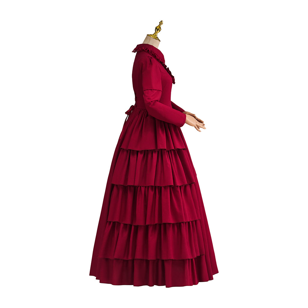 Victorian Blue Satin Gown with Lace Trimmed Neckline Lace Cuffed Sleeves for Victorian Themed Events Halloween and Christmas Celebrations