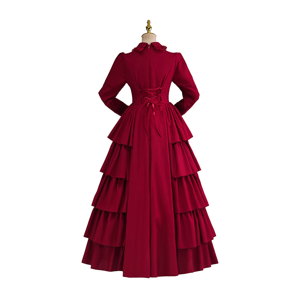 Victorian Blue Satin Gown with Lace Trimmed Neckline Lace Cuffed Sleeves for Victorian Themed Events Halloween and Christmas Celebrations