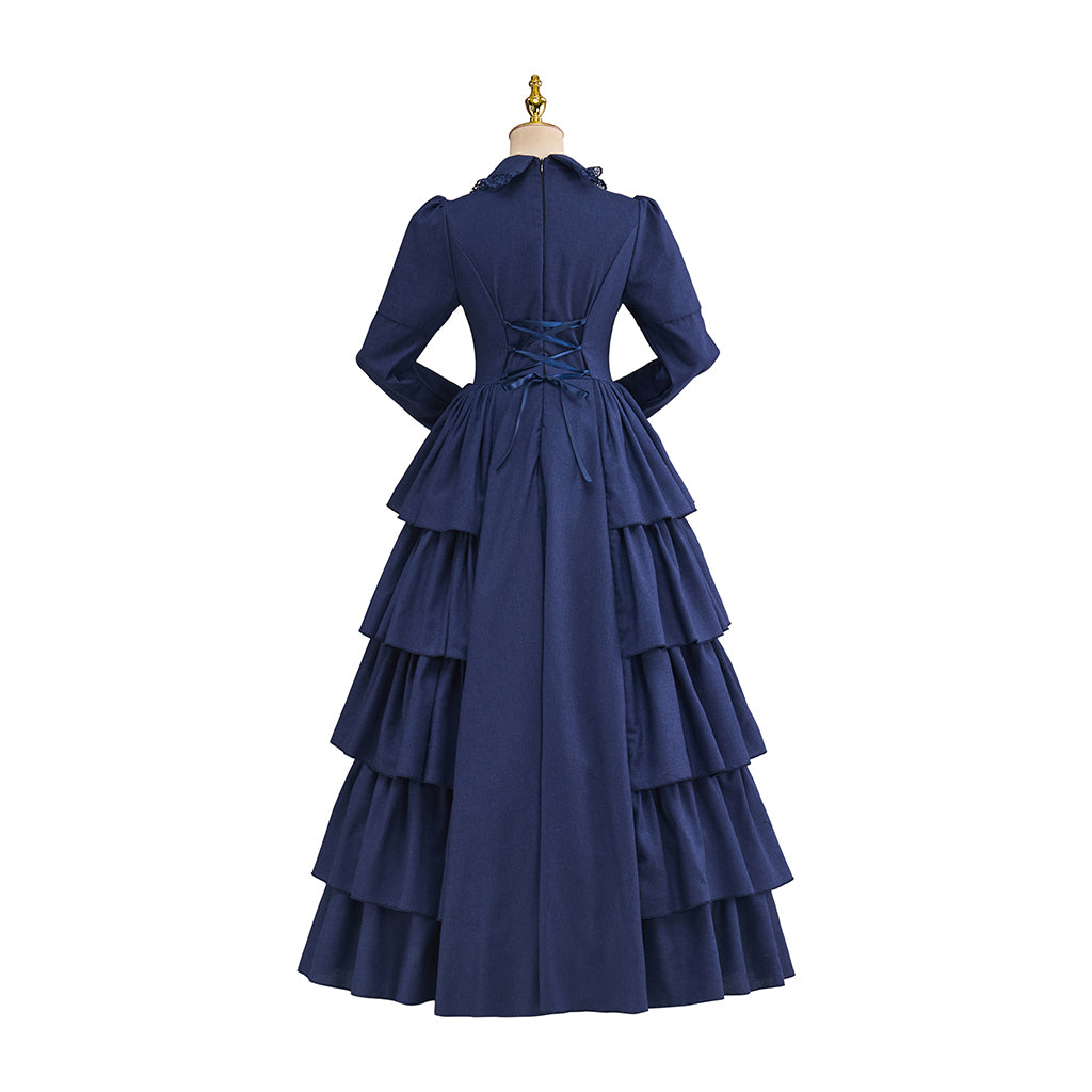 Victorian Blue Satin Gown with Lace Trimmed Neckline Lace Cuffed Sleeves for Victorian Themed Events Halloween and Christmas Celebrations
