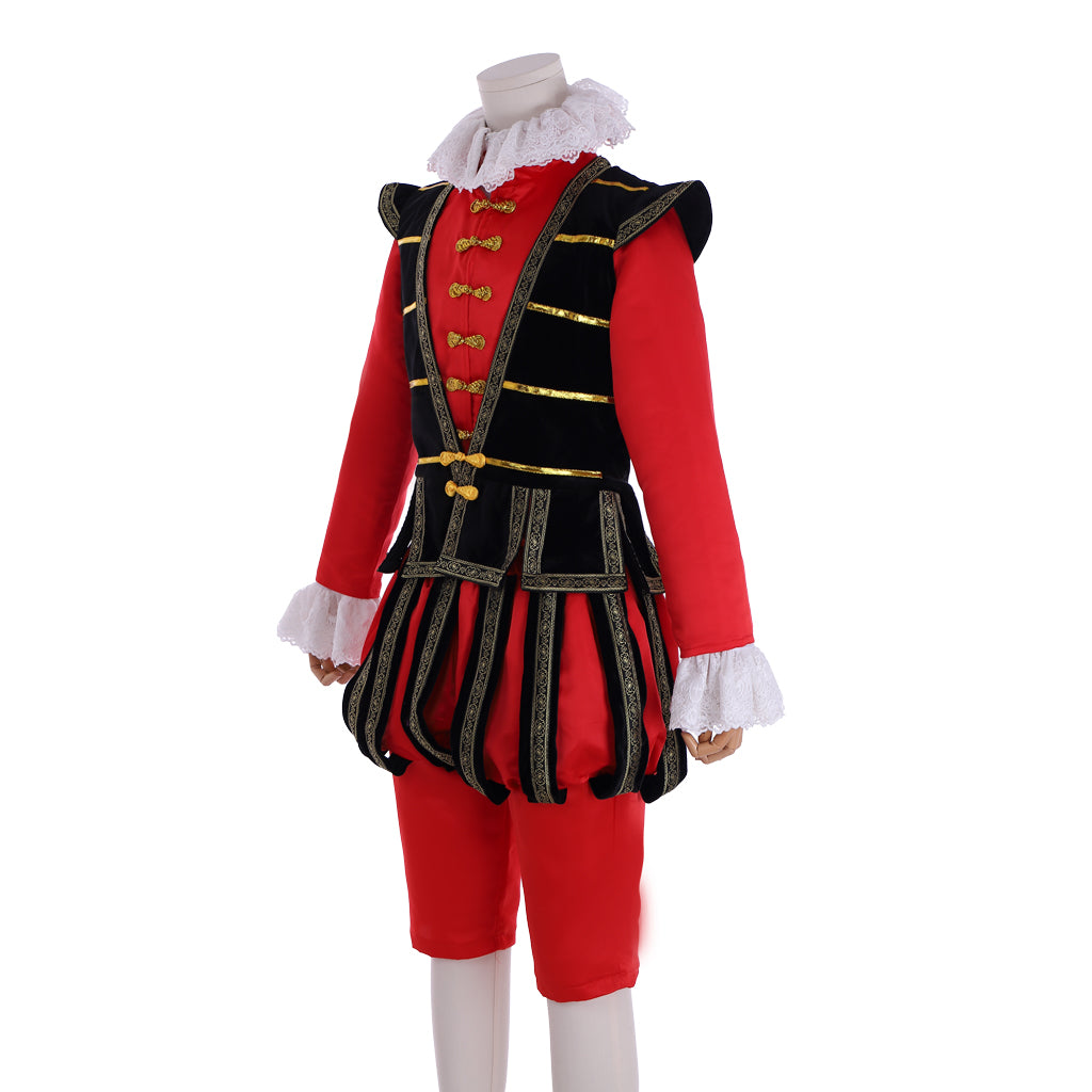 Tudor Noble Court Costume: Crimson Doublet with Black Trim Gold Lacing Ruffled Cuffs and Matching Breeches for Historical Reenactments Cosplay Events or Halloween Christmas or Parties