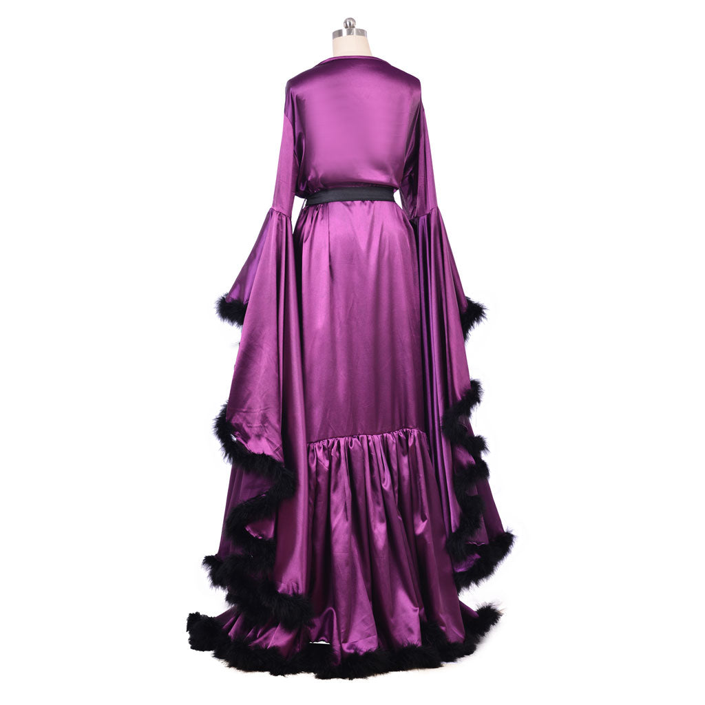 Medieval Sexy Feather Bridal Robe Long Wedding Scarf Illusion Bathrobe Sleepwear Lingerie Robe Nightgown Women Gothic Purple Cosplay Costume Adult Renaissance Gown With Belt Furry Trim Ladies Halloween Christmas V-Neck Dress