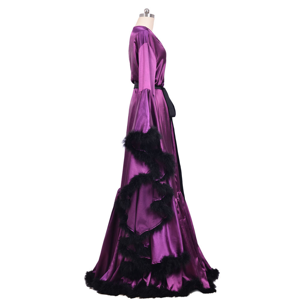 Medieval Sexy Feather Bridal Robe Long Wedding Scarf Illusion Bathrobe Sleepwear Lingerie Robe Nightgown Women Gothic Purple Cosplay Costume Adult Renaissance Gown With Belt Furry Trim Ladies Halloween Christmas V-Neck Dress