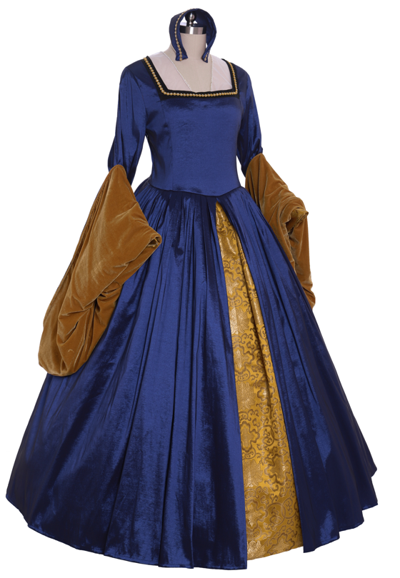 Queen Elizabeth Tudor Period Dress Renaissance Medieval Inspired Gown Prom Outfit Princess Shakespeare Blue - Gold Patterned Long Sleeve Women's Halloween Carnival Valentine's Day Party Evening Party Masquerade Adults' Dress All