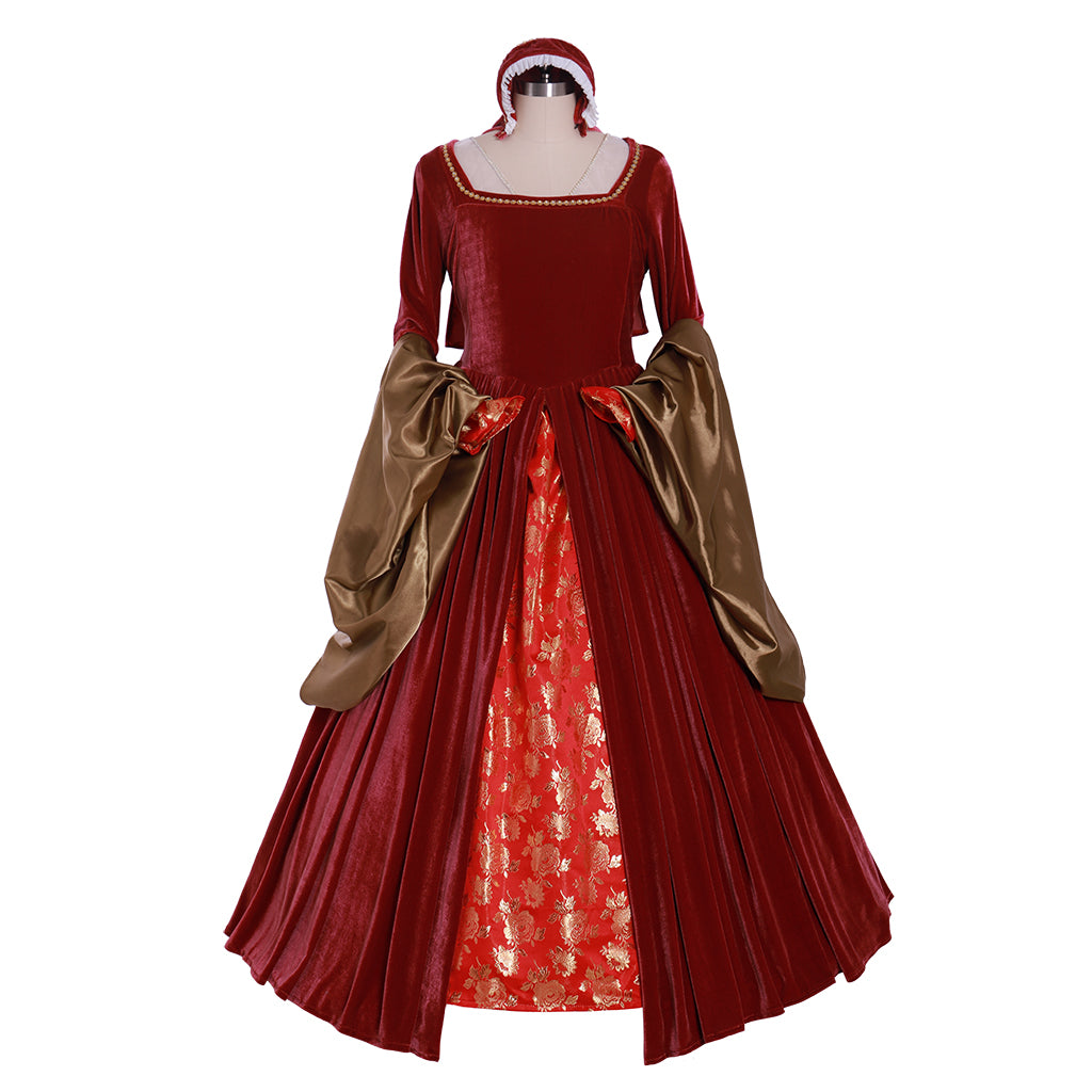 Queen Elizabeth Tudor Period Dress Renaissance Medieval Inspired Gown Prom Outfit Princess Shakespeare Blue - Gold Patterned Long Sleeve Women's Halloween Carnival Valentine's Day Party Evening Party Masquerade Adults' Dress All