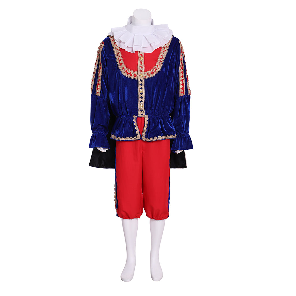 Men's Renaissance Colorful Doublet with Gold Trim, Red Breeches and Ruffled Shirt for Cosplay or Themed Events Halloween Christmas or Themed Parties