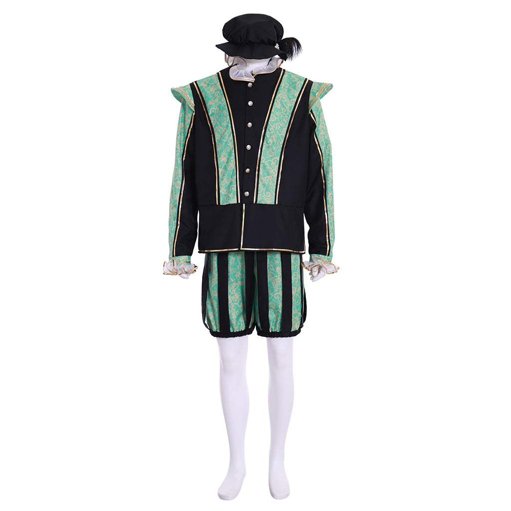 Medieval Men's Black Jacket with Green Trim and Striped Green Black Breeches for Cosplay or Themed Events Halloween Christmas or Themed Parties
