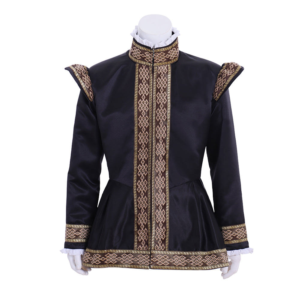 Renaissance Men's Black Jacket with Gold Trim and Ornate Patterns for Cosplay or Themed Events Halloween Christmas or Themed Parties