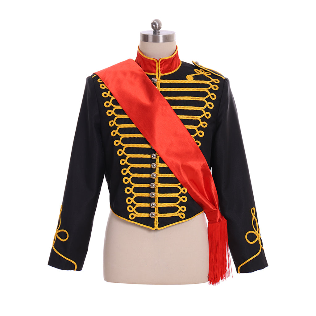 Military Inspired Men's Black Jacket with Gold Trim and Red Sash for Cosplay or Themed Events Halloween Christmas or Themed Parties