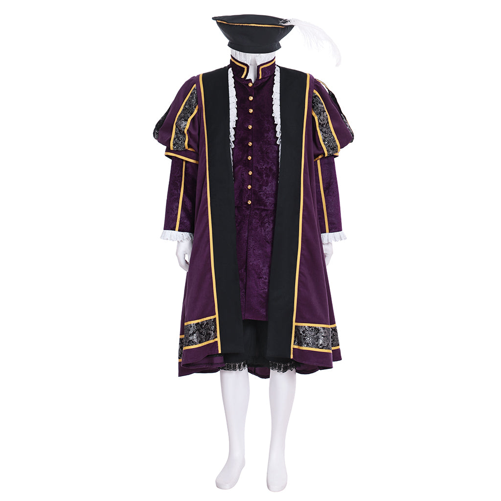 Renaissance Men's Purple Embroidered Robe with Gold Trim and Tricorn Hat Tudor - style for Cosplay Themed Events Halloween Christmas or Themed Parties