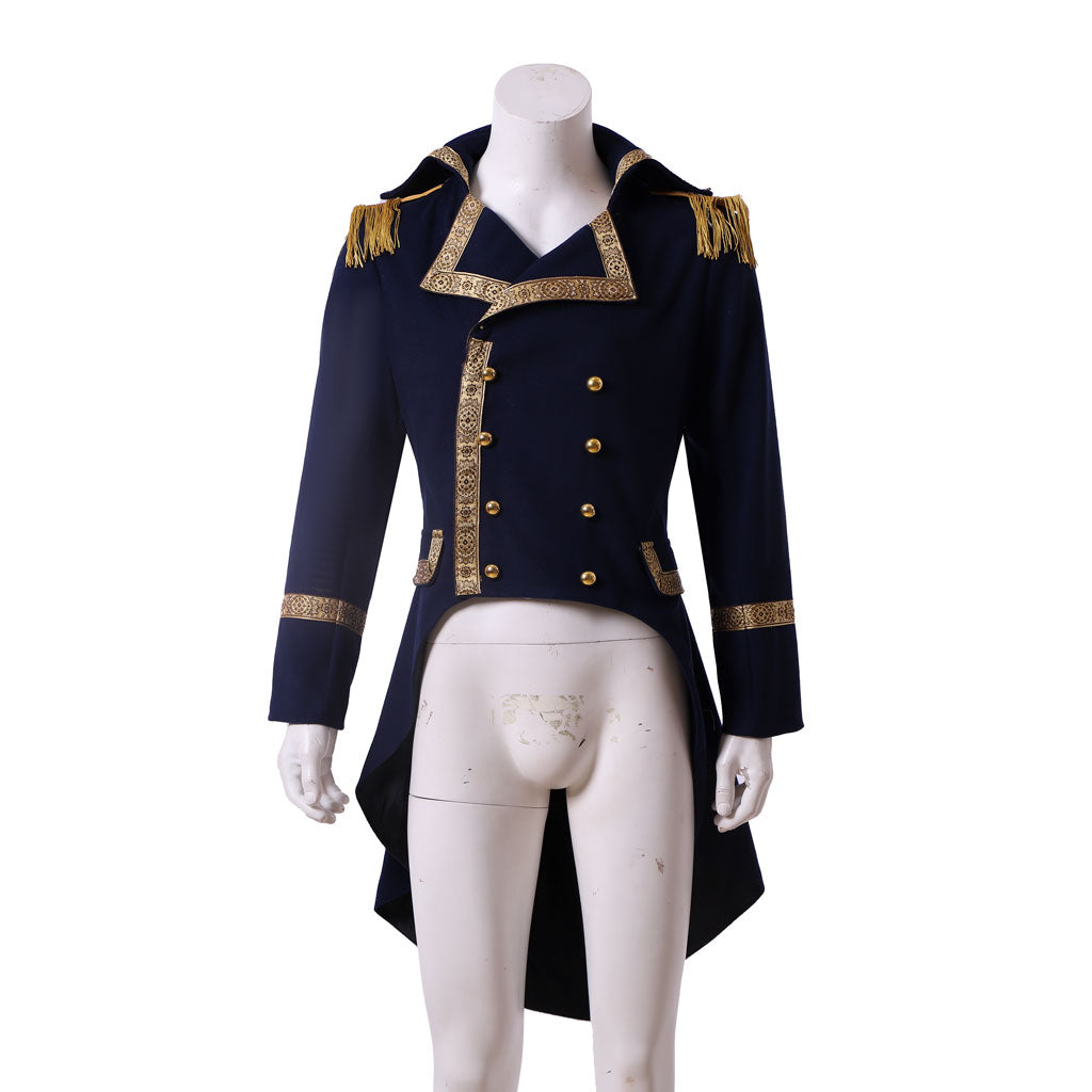 Medieval Men's Navy Blue with Gold Trim Military Tailcoat Costume for Cosplay Themed Events Halloween Christmas or Themed Parties