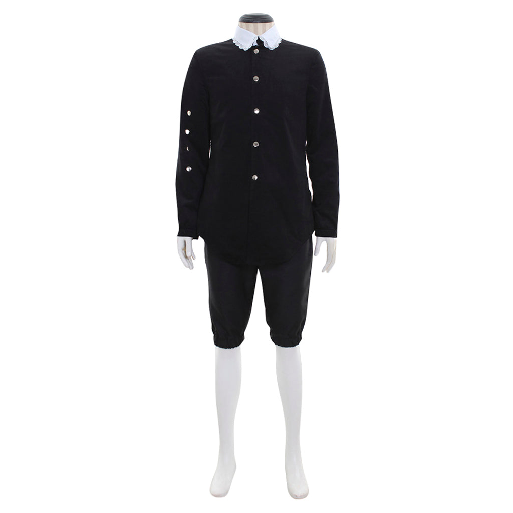 Medieval Men's Black Tunic with White Collar, Buttons and Black Breeches Costume for Cosplay Themed Events Halloween Christmas or Themed Parties