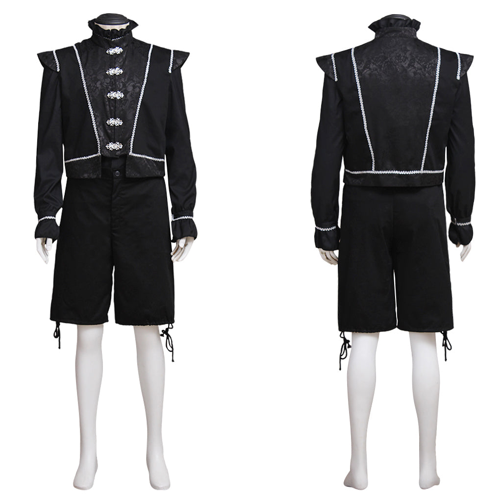 Medieval Men's Black Embellished Jacket with Silver Accents and Black Breeches Costume for Cosplay Renaissance Halloween Themed Events