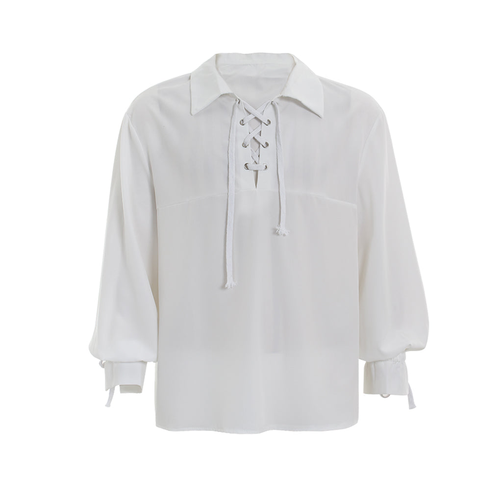 Medieval Men's White Long Sleeve Shirt with Spread Collar and Lace up Neckline for Cosplay Themed Events, Halloween, Christmas or Parties