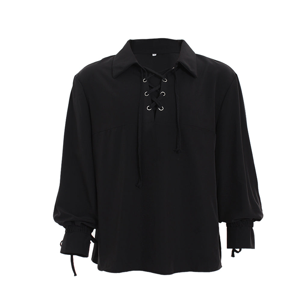 Medieval Men's White Long Sleeve Shirt with Spread Collar and Lace up Neckline for Cosplay Themed Events, Halloween, Christmas or Parties