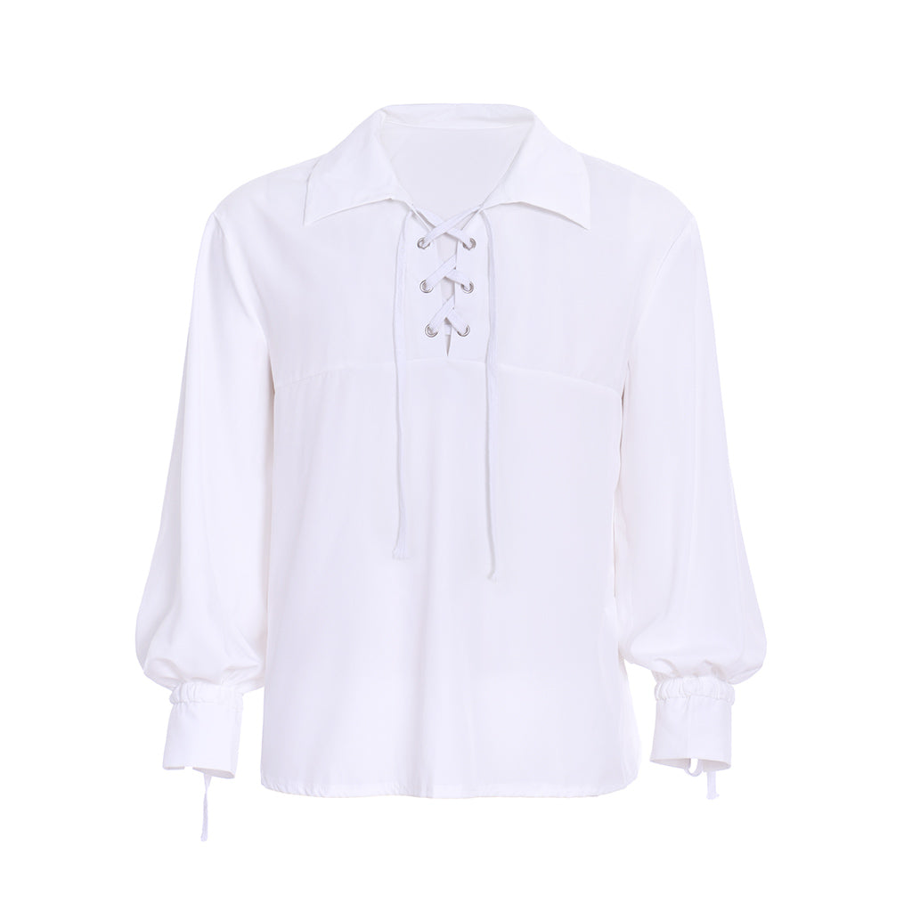 Medieval Men's White Long Sleeve Shirt with Spread Collar and Lace up Neckline for Cosplay Themed Events Halloween Christmas or Parties