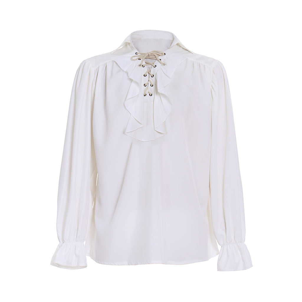 Medieval Men's White Long Sleeve Shirt with Ruffled Lace up Neckline and Flared Cuffs for Cosplay Themed Events Halloween Christmas or Parties