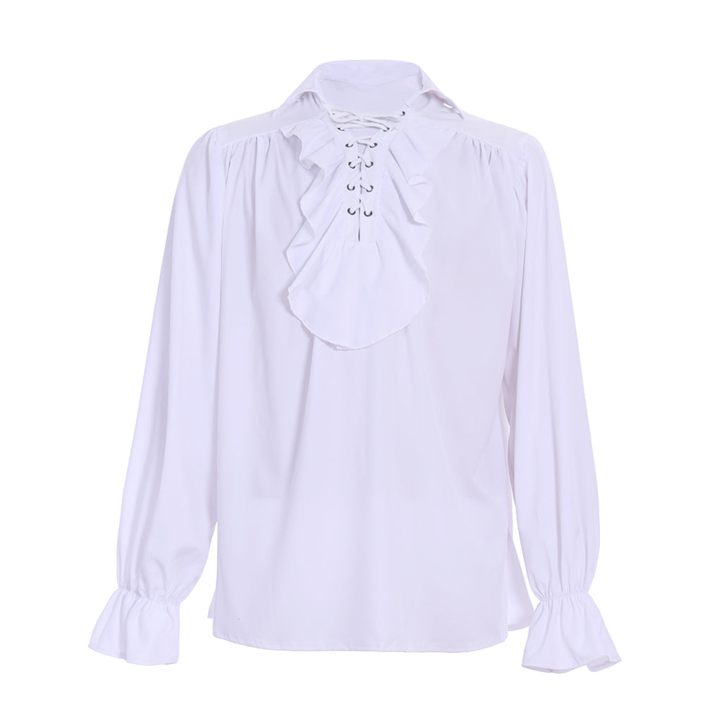 Medieval Men's White Long Sleeve Shirt with Ruffled Lace up Neckline and Flared Cuffs for Cosplay Themed Events Halloween Christmas or Parties