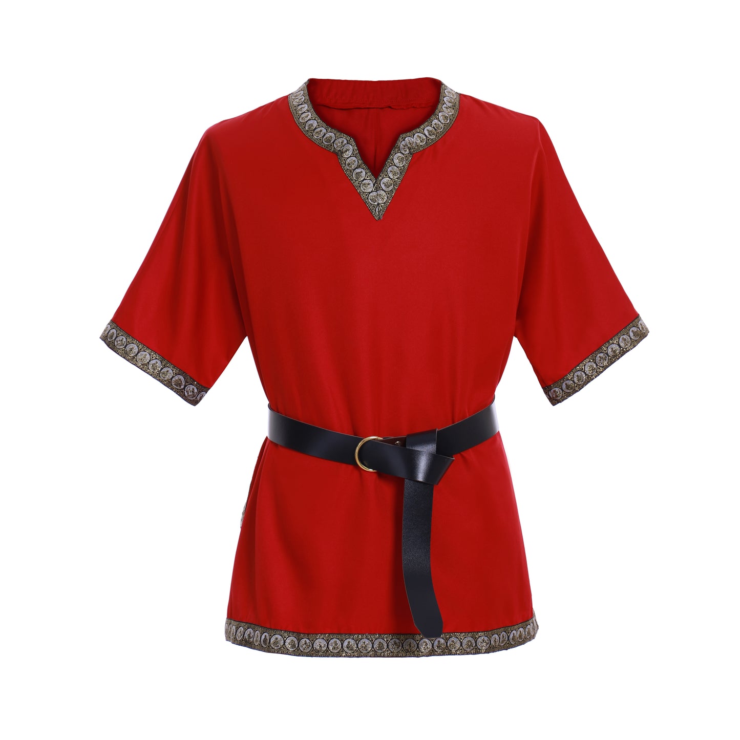 Medieval Men's Black Short Sleeve Tunic with Gold Embroidered Trim and Black Belt for Cosplay Themed Events Halloween Christmas or Parties