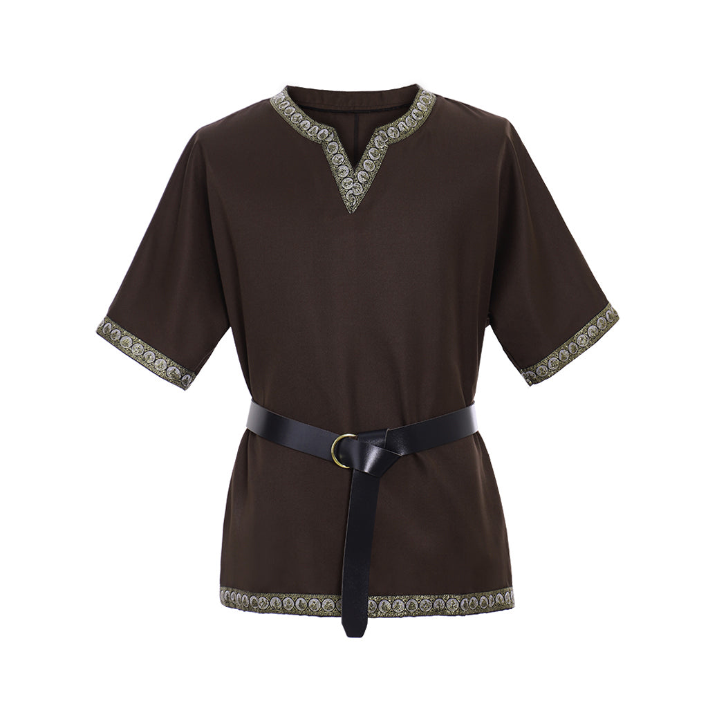 Medieval Men's Black Short Sleeve Tunic with Gold Embroidered Trim and Black Belt for Cosplay Themed Events Halloween Christmas or Parties