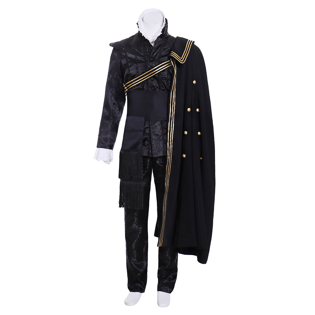Tudor Black Brocade Military - Style Costume with Gold Trim and Cape for Cosplay Themed Events Halloween Christmas or Themed Parties