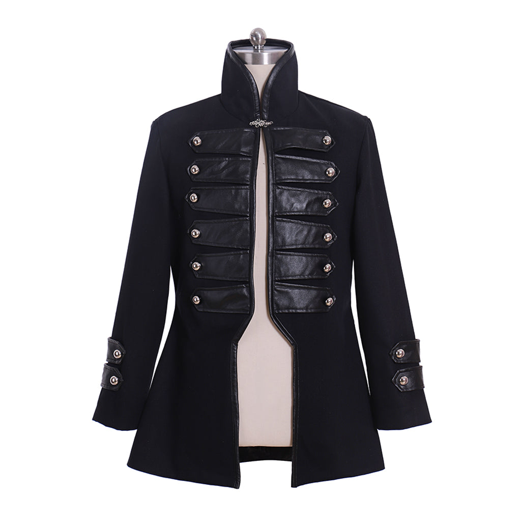 Medieval Black Military Style Coat with Leather Panels and Silver Button Detailing for Historical Reenactments Cosplay Events Halloween Christmas or Parties