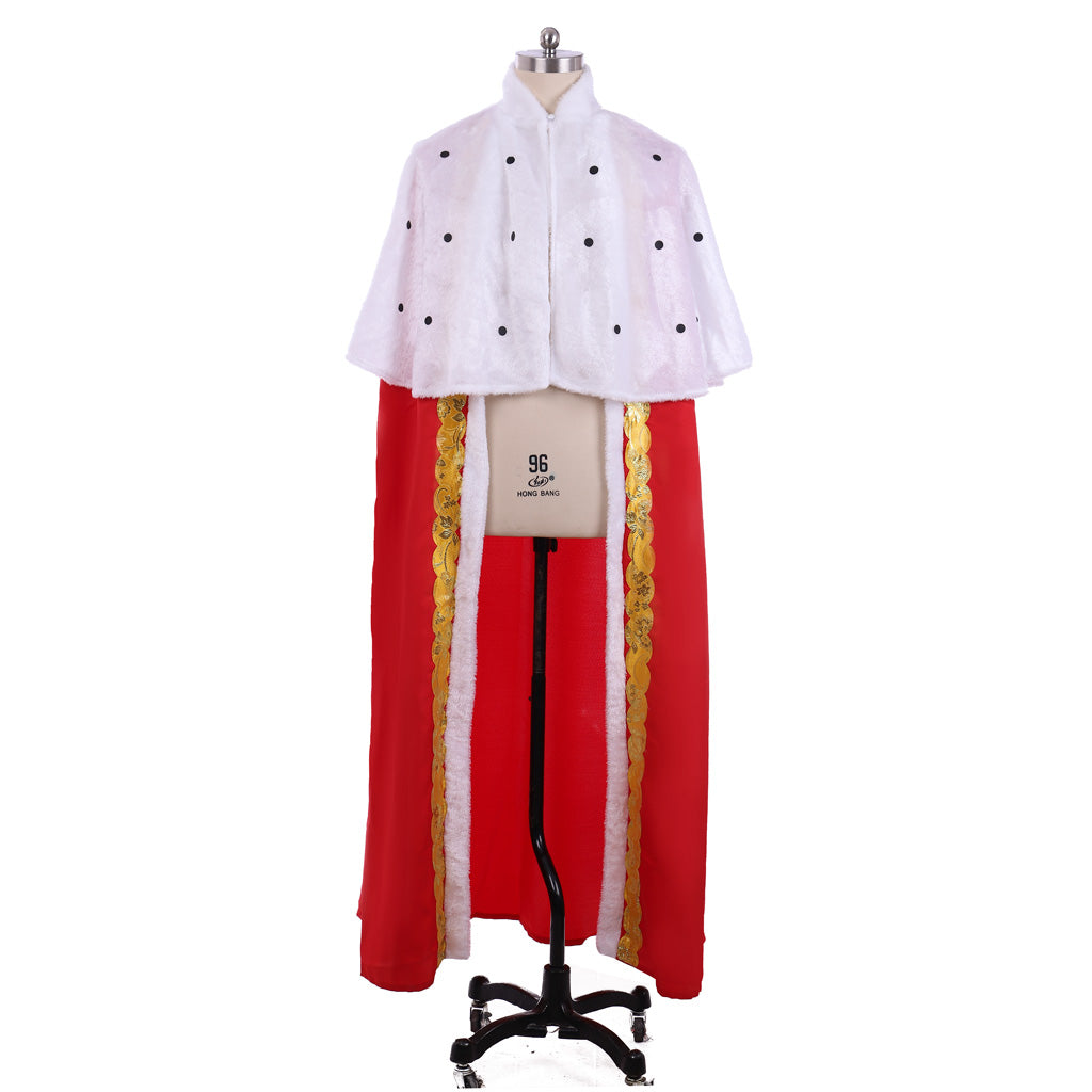 Medieval Royal Red Cape with White Fur Trim, Gold Embellishments and White Mantle with Black Dots Cosplay Stage Costume Adult Halloween Christmas Party Themed Outfit