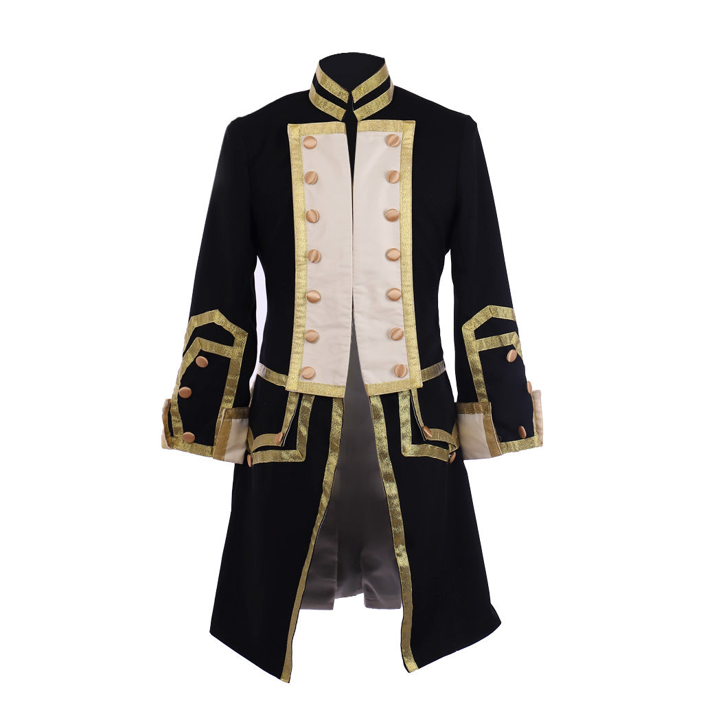 Medieval Men's Black and Gold Empire Military Coat with Ornate Gold Accents Cosplay Stage Costume Adult Halloween Christmas Party Themed Outfit