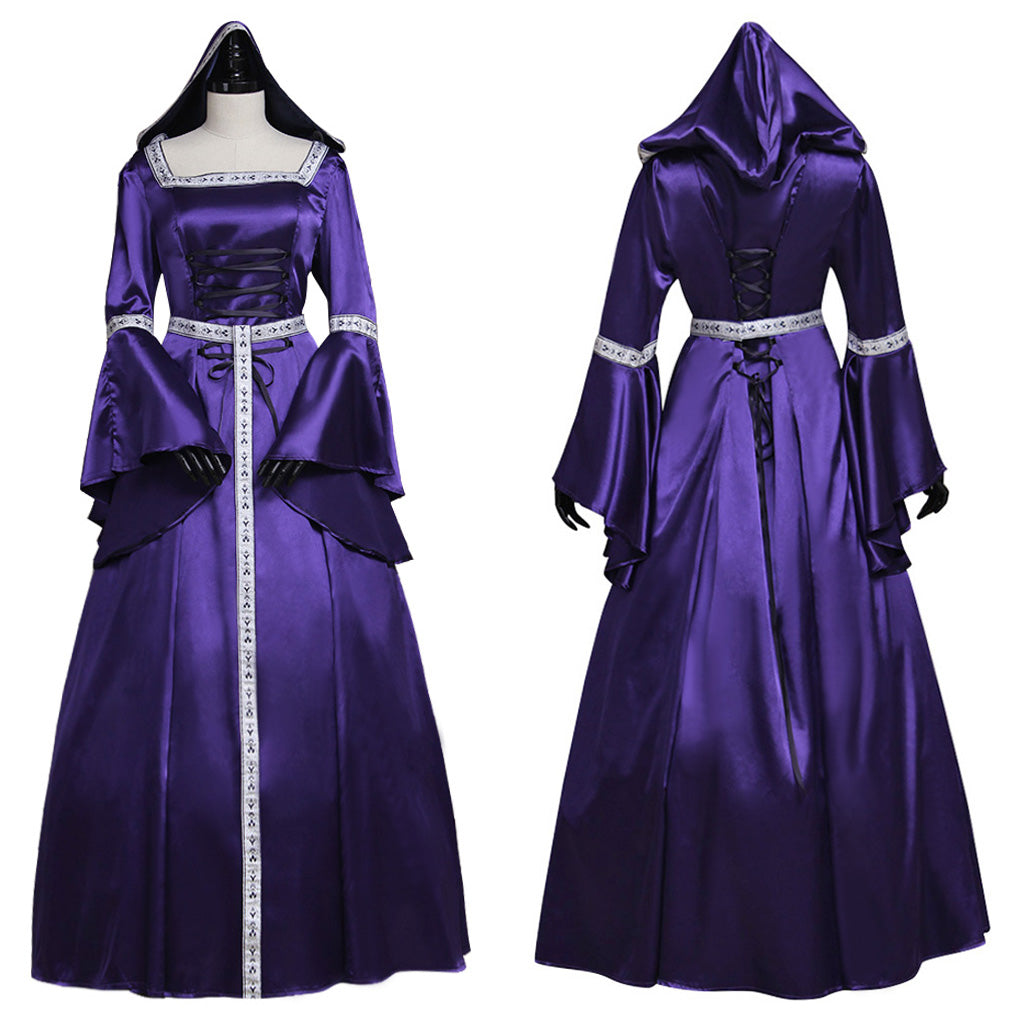 Medieval Vintage Regency Dress Square Neck Purple White Gown Medieval Cosplay Costume Long Sleeve With Trim Renaissance Gown Women Cosplay Costume Adult Ladies Halloween Christmas Dress