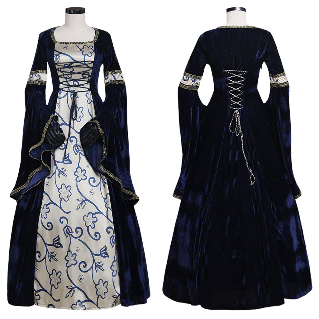Medieval Vintage Regency Dress Square Neck Navy Blue Cream Patterned Gown Medieval Cosplay Costume Long Sleeve With Trim Renaissance Gown Women Cosplay Costume Adult Ladies Halloween Christmas Dres
